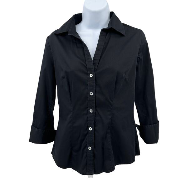 Banana Republic Stretch Button Up Shirt WMNS S Black 3/4 Sleeve Collared V-Neck - Picture 1 of 7